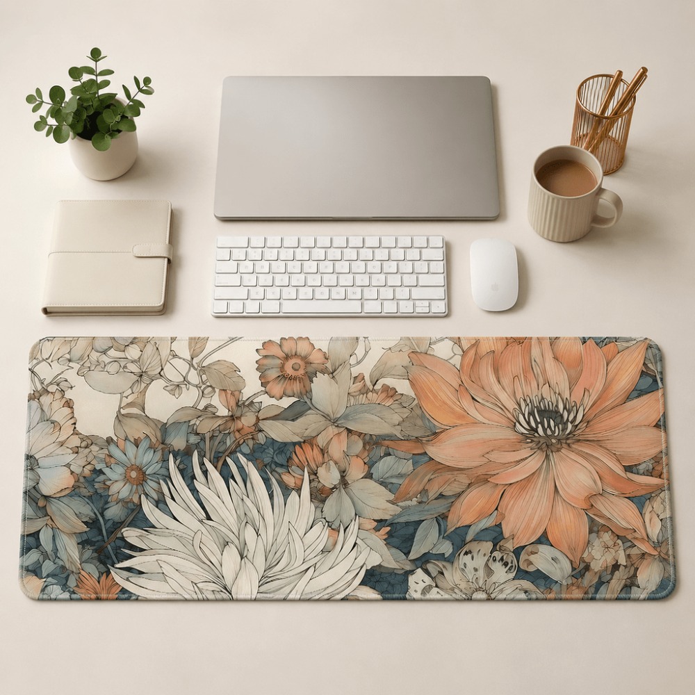 Desk Setup With Plants - Tovaglietta retrò floreale con stampe di